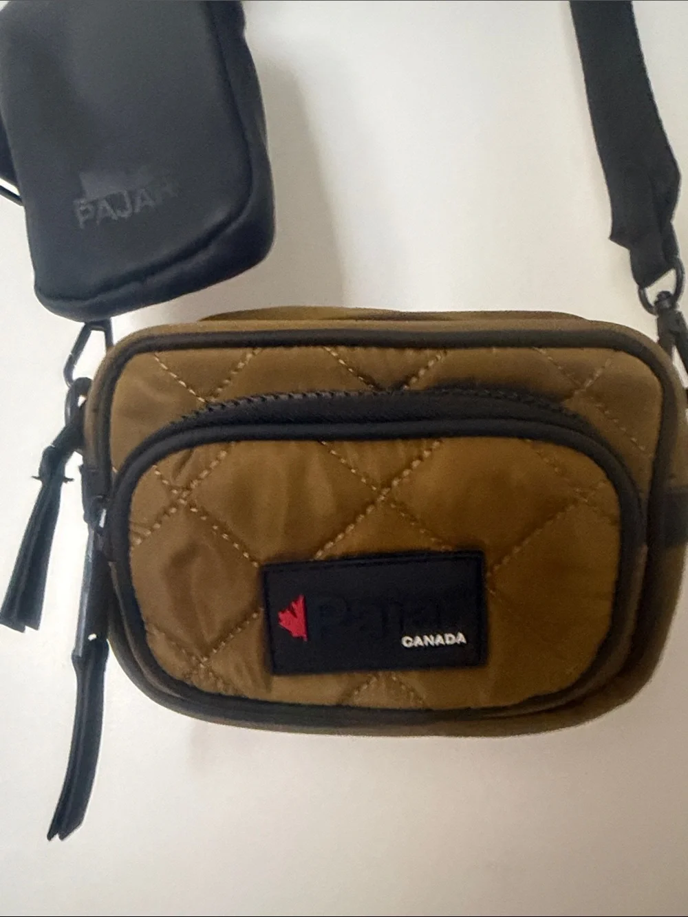 Pajar Olive Green Quilted Crossbody Bag with Black Strap